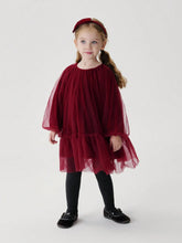 Young Girls Elegant Sweet Velvet & Mesh Contrast Round Neck Long Sleeve Dress, Autumn/Winter
